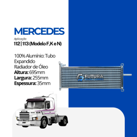 Radiador de óleo em 100% alumínio com tecnologia tubo expandido para caminhão Mercedes 112 e 113 fabricado pela Futura Radiadores.