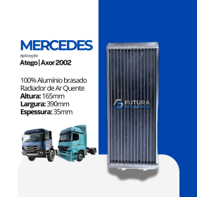 Radiador de ar quente em 100% alumínio brasado para caminhão Mercedes Atego e Axor 2002 fabricado pela Futura Radiadores.