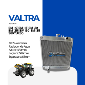 Radiador de água em 100% alumínio para trator agrícola Valtra BM e 980 Turbo fabricado pela Futura Radiadores.