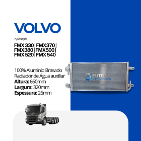 Radiador de água auxiliar em 100% alumínio brasado para caminhão Volvo FMX fabricado pela Futura Radiadores.