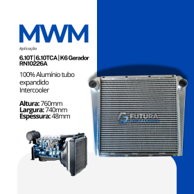 Intercooler em 100% alumínio tubo expandido para resfriamento de ar do motor MWM 6.10T, 6.10TCA e K6 gerador fabricado pela Futura Radiadores.