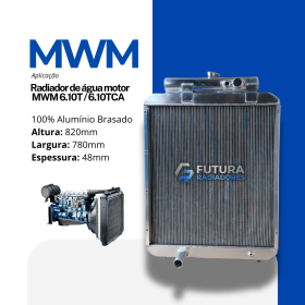 Radiador de água com peças 100% alumínio e solda TIG para Grupo Gerador MWM 6.10T fabricado pela Futura Radiadores.