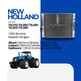 Radiador de água fabricado em 100% alumínio para trator New Holland T8.270 a T8.385 pela Futura Radiadores.