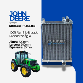 Radiador John Deere 6110J de 4 cilindros em 100% alumínio brasado fabricado pela Futura Radiadores.