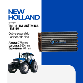 Radiador de óleo em cobre expandido para trator New Holland linha TM fabricado pela Futura Radiadores.